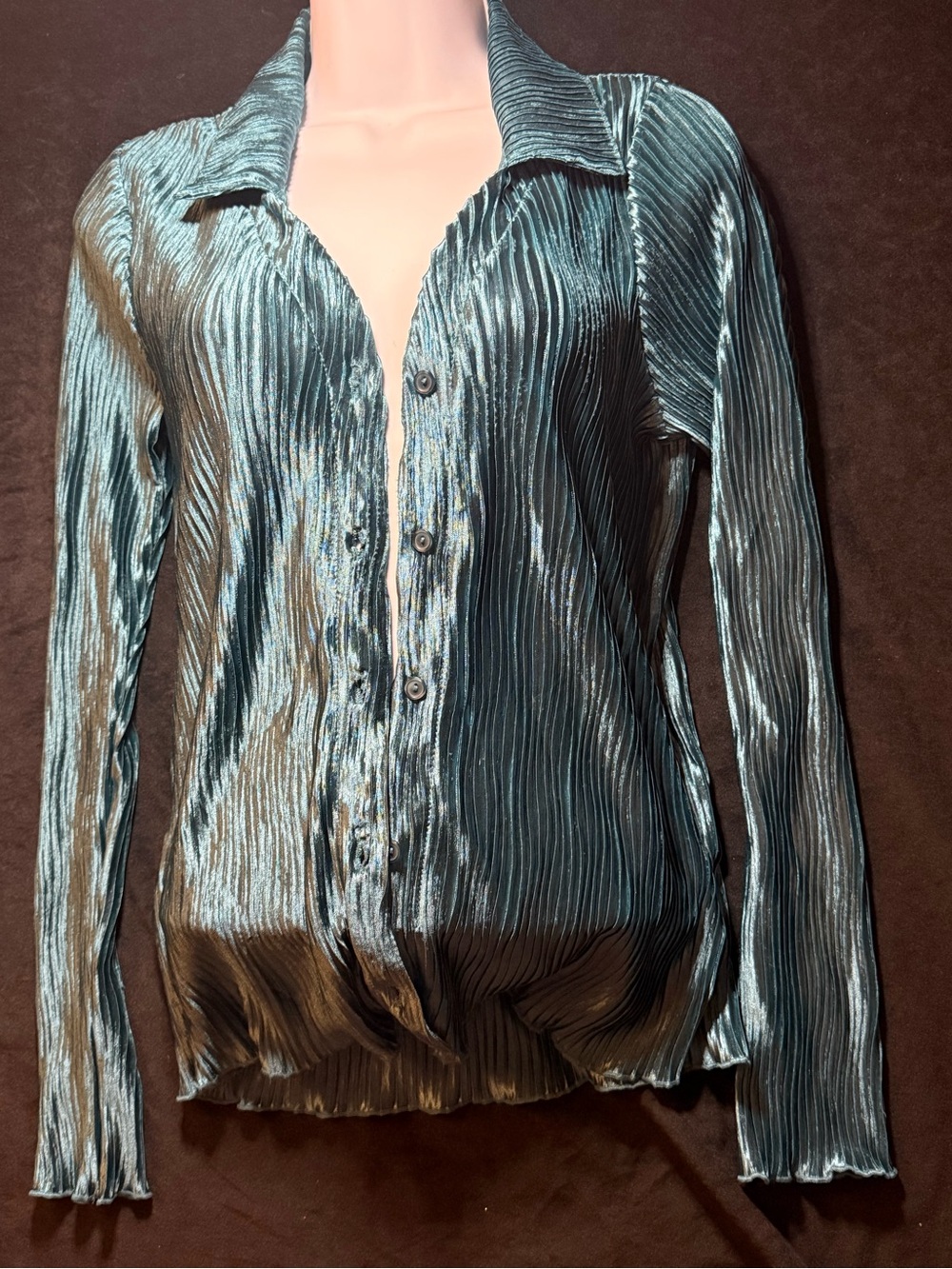 Vintage Teal Pleated Button-Up Blouse